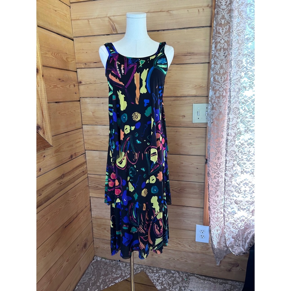 Abstract Print Maxi Dress Womens Small‎ Black Neon Tiered Layered Elena Wang
